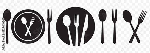Silverware solid monochrome icon set. Fork, Spoon and Knife icons on Transparent Background. EPS 10.