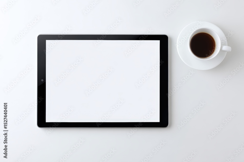 Tablet mock up with blank screen placed on a clean white surface next to a cup of coffee, creating a minimalist workspace ideal for design presentations and digital content creation Tablet mock up with blank screen placed on a clean white surface next to a cup of coffee, creating a minimalist workspace ideal for design presentations and digital content creation