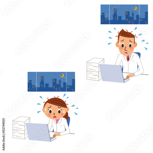 深夜残業をしてる医者の男女