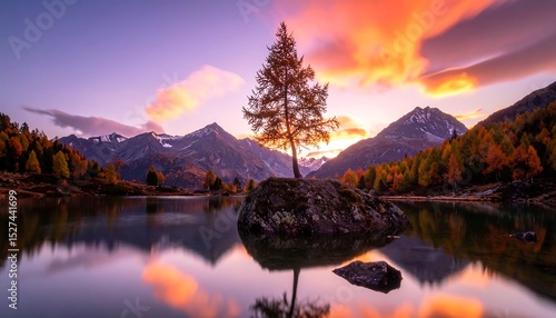 Autumn Sunset Over Mountain Lake with Solitary Tree