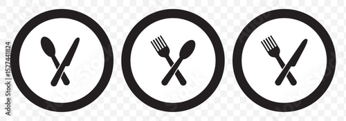 Silverware solid monochrome icon set. Fork, Spoon and Knife icons on Transparent Background. EPS 10.