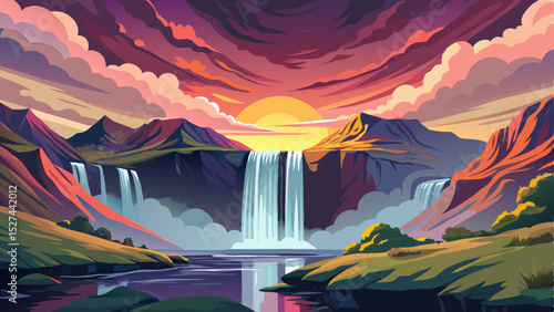 Majestic Skogafoss Waterfall in Iceland during sunrise with dramatic and colorful sky. Stunning natural scenery and one of the most beautiful travel destinations in the world