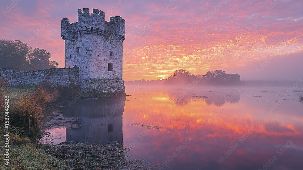 serene watchtower beside river reflects vibrant colors of sunrise, creating tranquil scene serene watchtower beside river reflects vibrant colors of sunrise, creating tranquil scene