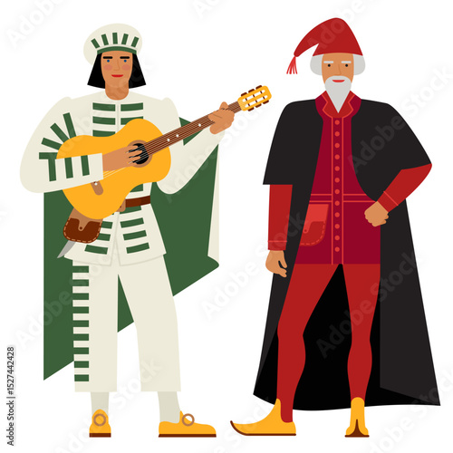 Men in Brigella costumes and Pantaloons depict Commedia dell'arte isolated on a white background. The main characters of the Italian folk comedy are drawn in a flat cartoon style. EPS 10.