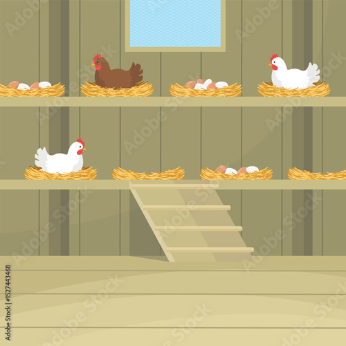 Interior of a chicken coop with hens, shelves, ladder and window. Hatching eggs. Farm product.