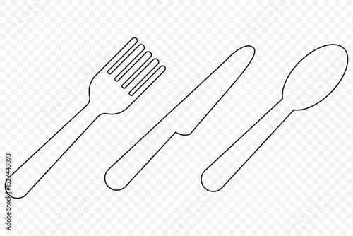 Tableware thin line icon set of fork, knife, spoon. Logotype menu. Cutlery and crockery sign. Flat style eating utensils symbol collection in Stroke on Transparent Background. EPS 10.