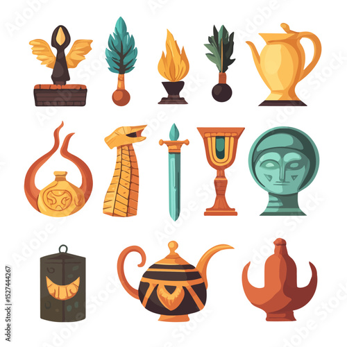 2D flat vector illustration of Mythological Objects, isolated on a white background.