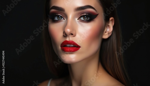 Wallpaper Mural Glamorous female portrait with bold make-up on black background. Model wears bright red lips, stylish eyeliner. Beauty photo for fashion, cosmetic beauty industry projects. Elegance, sophistication, Torontodigital.ca