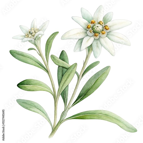 Watercolor Edelweiss Flower with Soft Green Leaves, Isolated Design