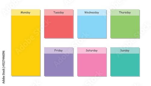 Weekly calendar colored stickers. paper sticky notes. schedule for kids. weekly time table. memo messages. notepads and torn paper sheets