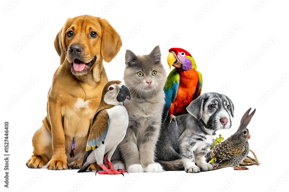 Fototapeta premium Adorable pets group posing together isolated on a white background