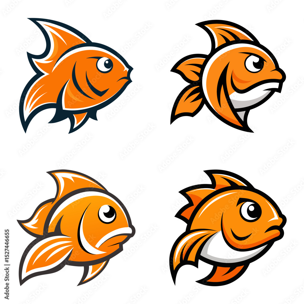 Fototapeta premium Four cartoon goldfish illustrations with different expressions and orange color on a white background