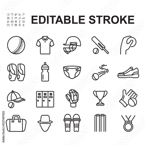 Cricket sport game vector line icons set. Contains such icons as ball, bat, wicket, helmet, batting gloves. Thin line style vector.