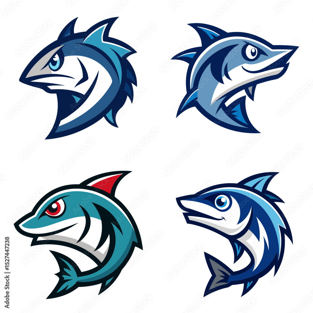 Obraz premium Collection of cartoonish shark illustrations in various shades of blue and aggressive poses on white backdrop