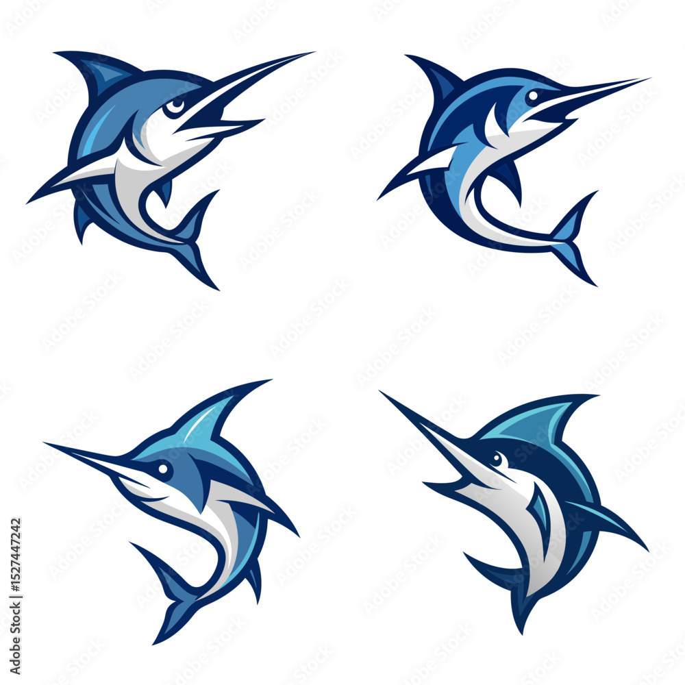 Fototapeta premium Illustration of four stylized blue marlin fish with white accents on a white background surface view