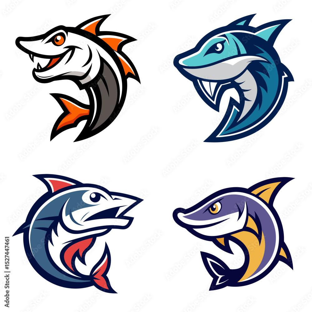 Naklejka premium Illustration featuring four stylized fish heads with unique designs and vibrant color schemes