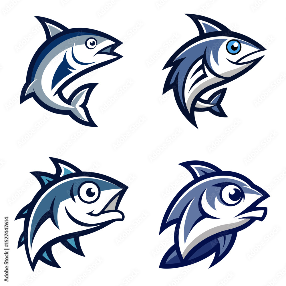 Obraz premium Four stylized fish illustrations in blue and white with unique fin and body designs on white background