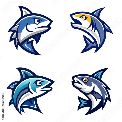 Four stylized fish heads with different color schemes and designs arranged on a white background