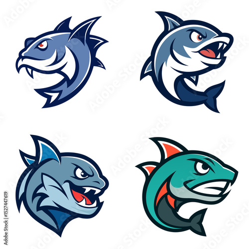 Four cartoonish shark heads with distinct color schemes and aggressive expressions displayed together nicely