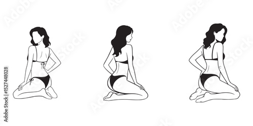  Modern bikini woman sketch set with back view sitting poses in black and white line art.