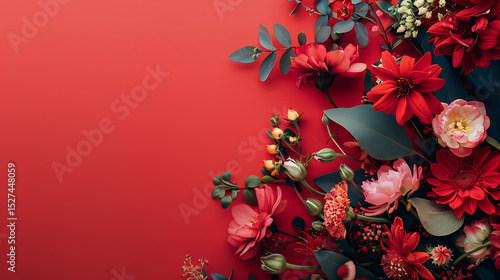 A vibrant floral arrangement features red and pink blossoms with green leaves against a solid red background creating a beautiful and elegant botanical display