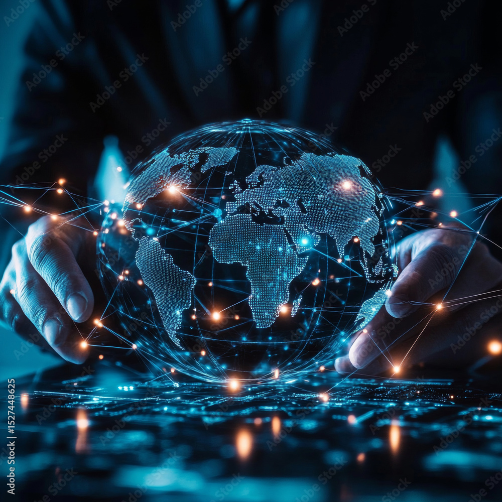 Obraz premium Hand man holding of global quality assurance network connection, ensuring seamless data integration, monitoring system performance, maintaining high standards, implementing rigorous testing protocols.