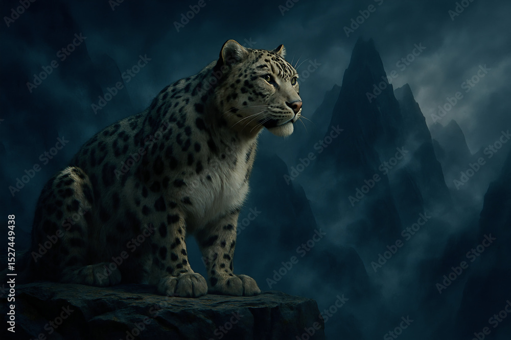 Fototapeta premium Majestic Snow Leopard on Mountain Ledge in Misty Twilight Landscape
