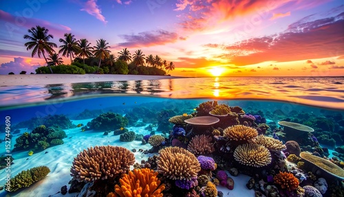Vibrant Sunset Over Tropical Island with Coral Reef