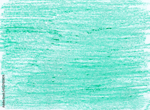 Horizontal strokes. Texture of wax crayons, chalk, colored pencils. Blue, light turquoise, mint color, cyan. Different shades and textures. In places, saturated green spots and drops. White background