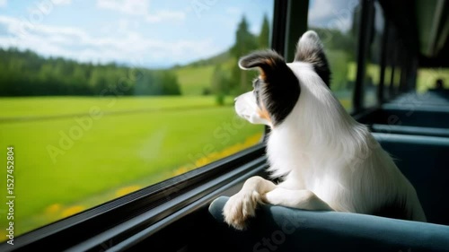 Border collie puppy looks out the window of a train as it travels through a lush green rural landscape on a sunny summer day for travel advertisement