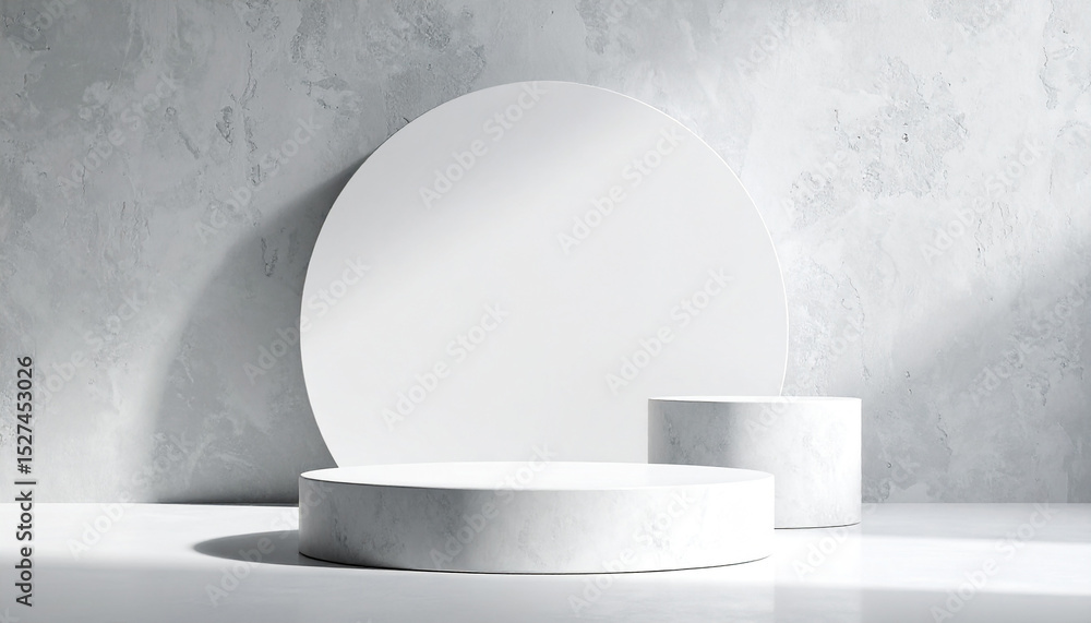 Fototapeta premium Showcase or display for products with circular pedestal on a rough white background. Space concept for product promotional sales presentations.