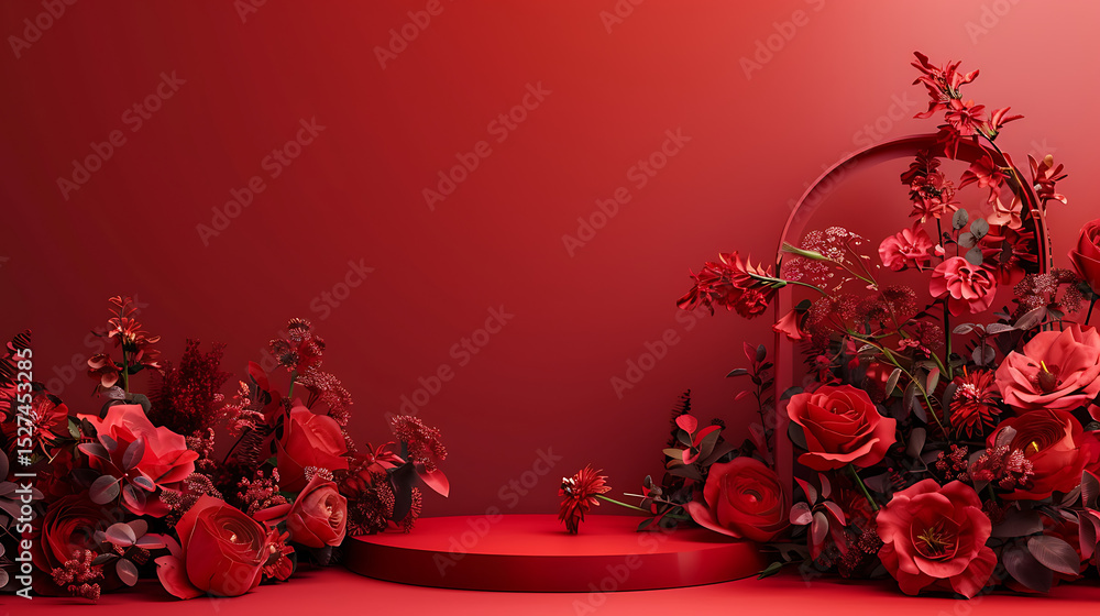 Elegant red roses and floral arrangement on a podium create a romantic and luxurious display for celebrations and events Elegant red roses and floral arrangement on a podium create a romantic and luxurious display for celebrations and events