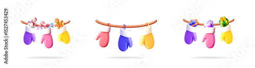 Colorful mittens hanging on a branch in 3d vector illustration. Winter clothes collection for Christmas and New Year holiday celebration.