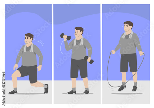 Man Performing Different Exercises Lunges, Dumbbell Curls, and Jumping Rope