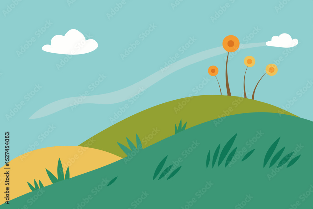 Fototapeta premium Serene Hilltop Landscape A Gentle Breeze and Blooming Flowers