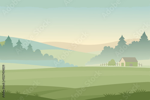 Serene Countryside Landscape Misty Morning Farm and Rolling Hills