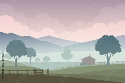 Serene Misty Mountain Valley Landscape A Peaceful Countryside Illustration