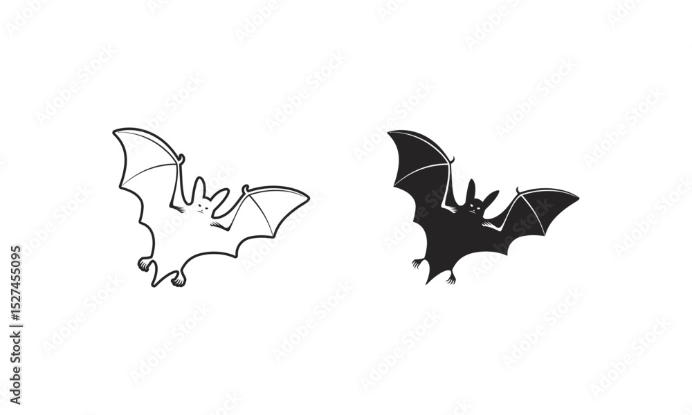 Fototapeta premium Cute Halloween Bat Outline and Silhouette Vector Illustration on White Background