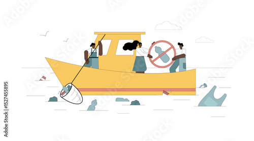 The concept of stop ocean plastic pollution. People on the ship with a stop trash sign.eps