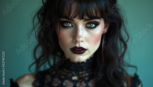 Wallpaper Mural Portrait gothic woman dark makeup black lace dress. Brunette model with green eyes, black lipstick, artistic glamour. Alternative beauty concept, bold nonconformity, perfect for creative projects. Torontodigital.ca