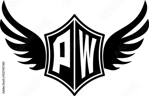 PW logo emblem with winged and shield template