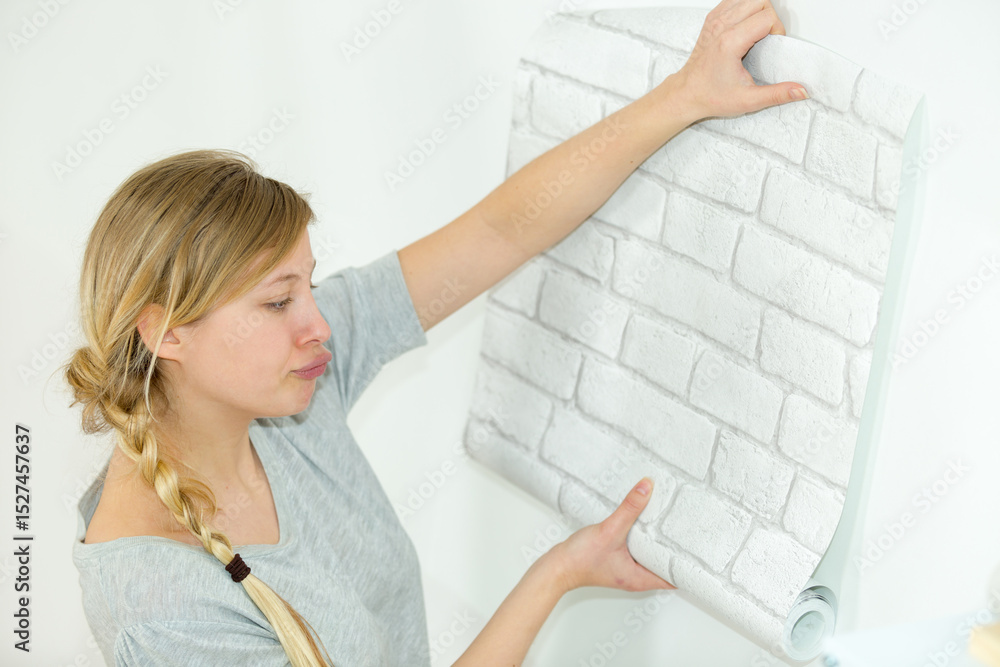 woman inspecting a wallpaper design woman inspecting a wallpaper design