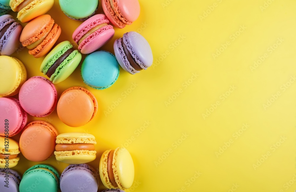Colorful macaroons arranged on vibrant yellow background. Pastry desserts with various fillings for culinary, pastry, sweet treats. Perfect for social media, advertising projects, product demos, food Colorful macaroons arranged on vibrant yellow background. Pastry desserts with various fillings for culinary, pastry, sweet treats. Perfect for social media, advertising projects, product demos, food