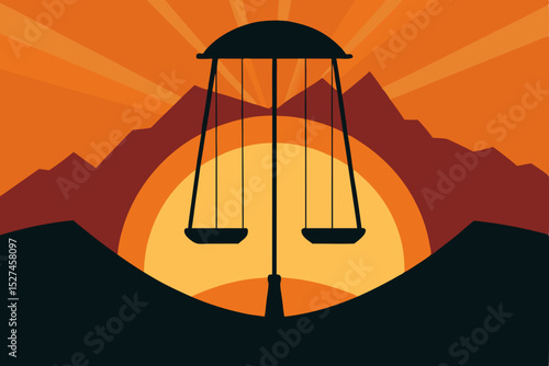Sunset Silhouette Mountain Landscape with Swing Set at Golden Hour