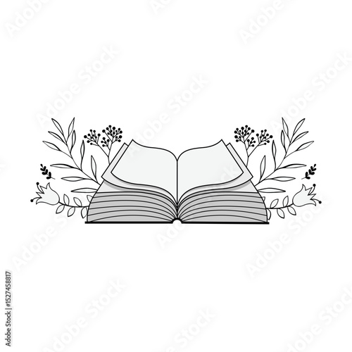Hand drawn open book with floral elements