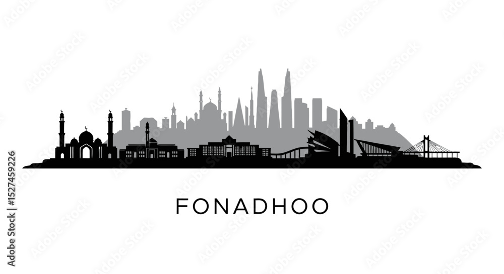 Naklejka premium Fonadhoo Cityscape Silhouette with Maldives Skyline.