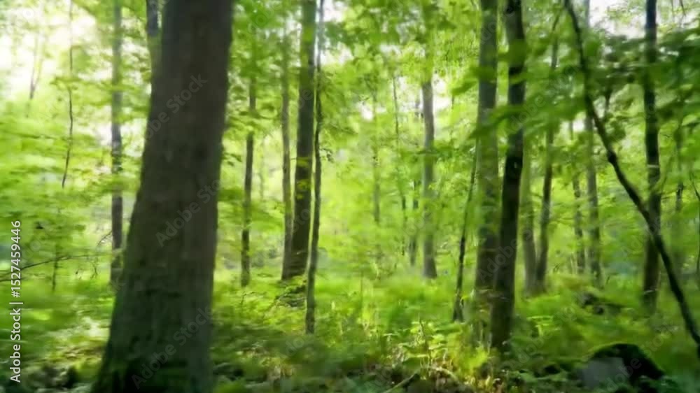 Peaceful cinematic footage of a lush green summer forest. The camera slowly moves through tall trees with vibrant green leaves as golden sun rays filter gently through the canopy. Light beams