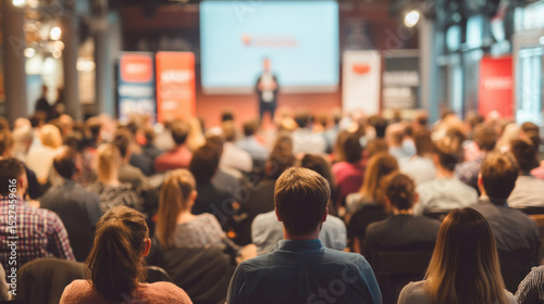 Wallpaper Mural Rear view of audience listening to entrepreneur giving motivational talk, large banner with startup logo in background, contemporary business setting Torontodigital.ca