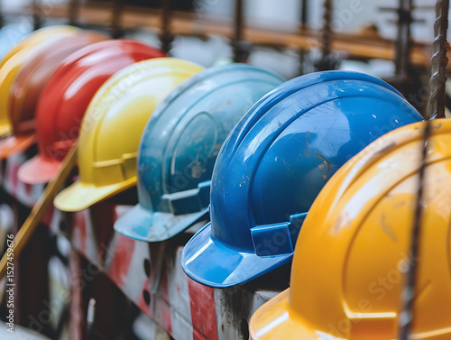 A row of colorful hard hats used for construction and safety are arranged on a metal rack