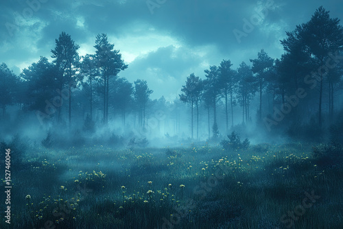 Wallpaper Mural Misty Forest Surrounding an Expansive Grassy Field Under Fog Torontodigital.ca